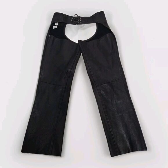 Vintage MOB Black Leather Biker Chaps Medium Unisex Y2K Punk Festival Edgy Rider - Picture 1 of 16